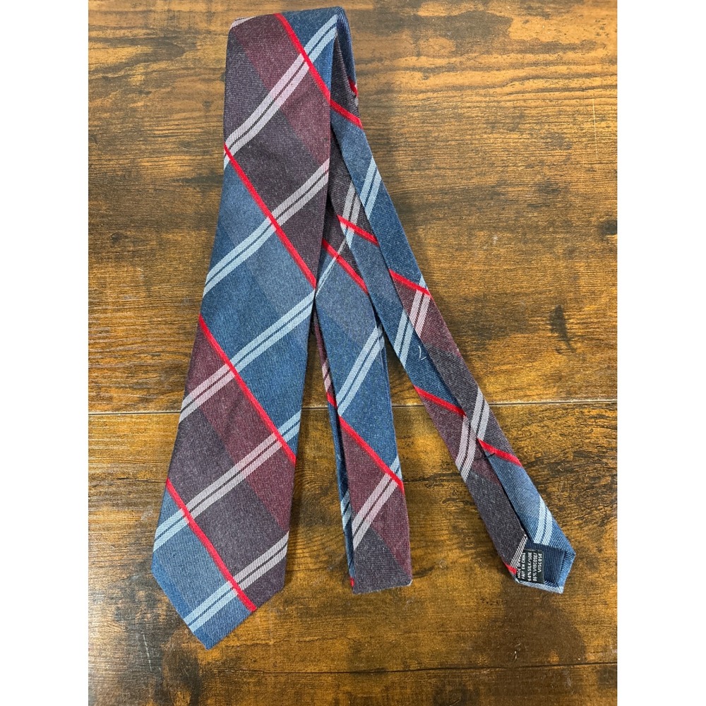 Michael Kors Mens Silk Blend Plaid Necktie Blue Burgundy Red Stripe 3 Inch Width